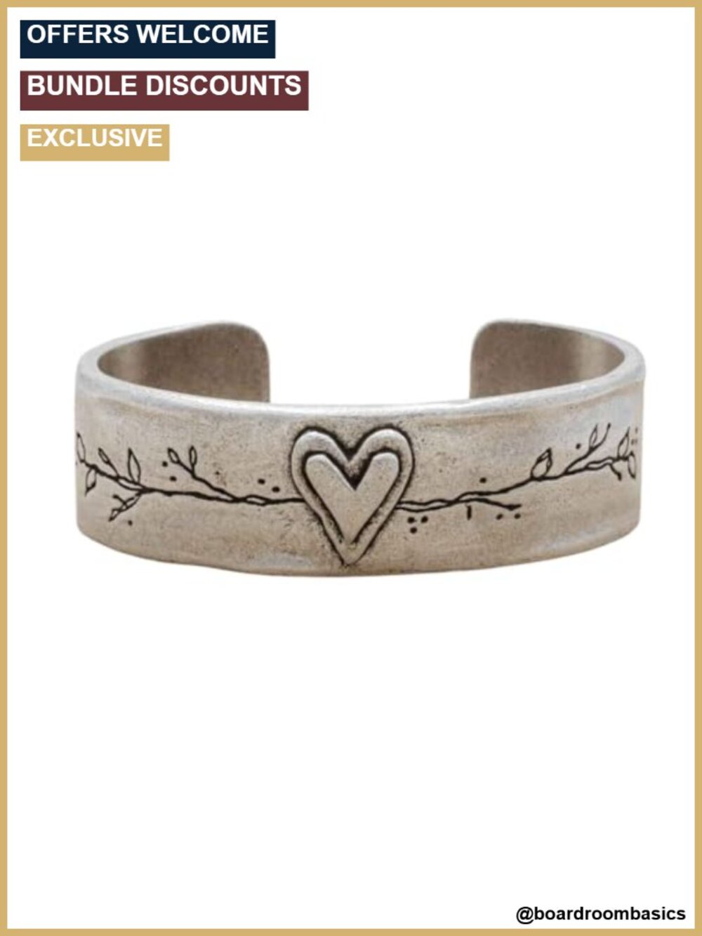 Pewter Cuff Bracelet Etched Heart Flowers Branches Adjustable Gift for Women